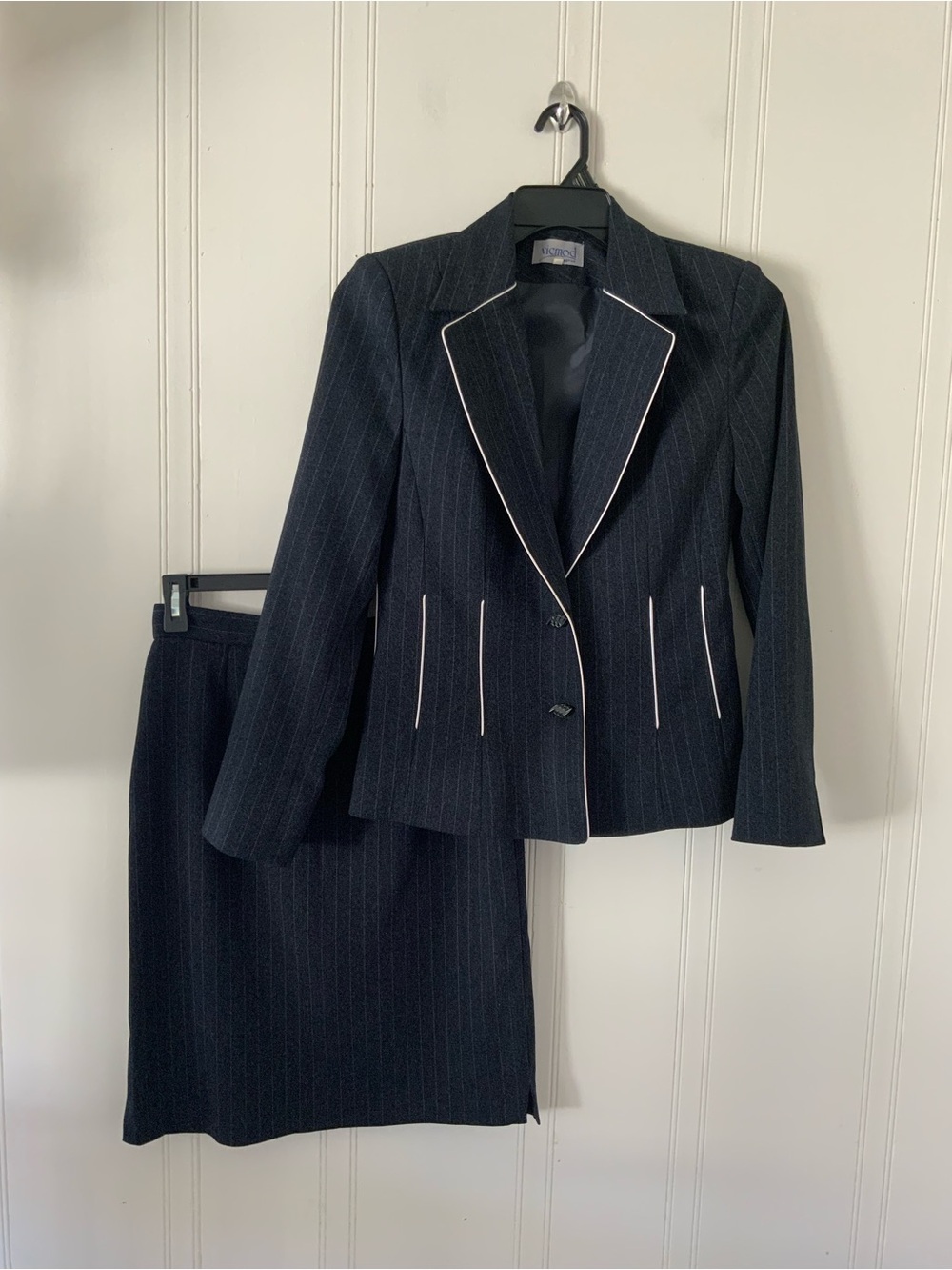 Classic Black Pinstripe Skirt Set with White Piping - Tailored Two-Piece
